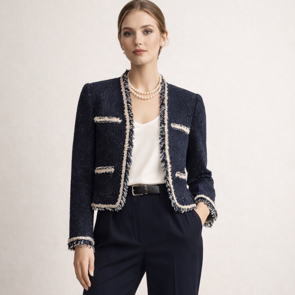 Rebecca Taylor Rio Fringe Trim Tweed Open Front Blazer, Size M